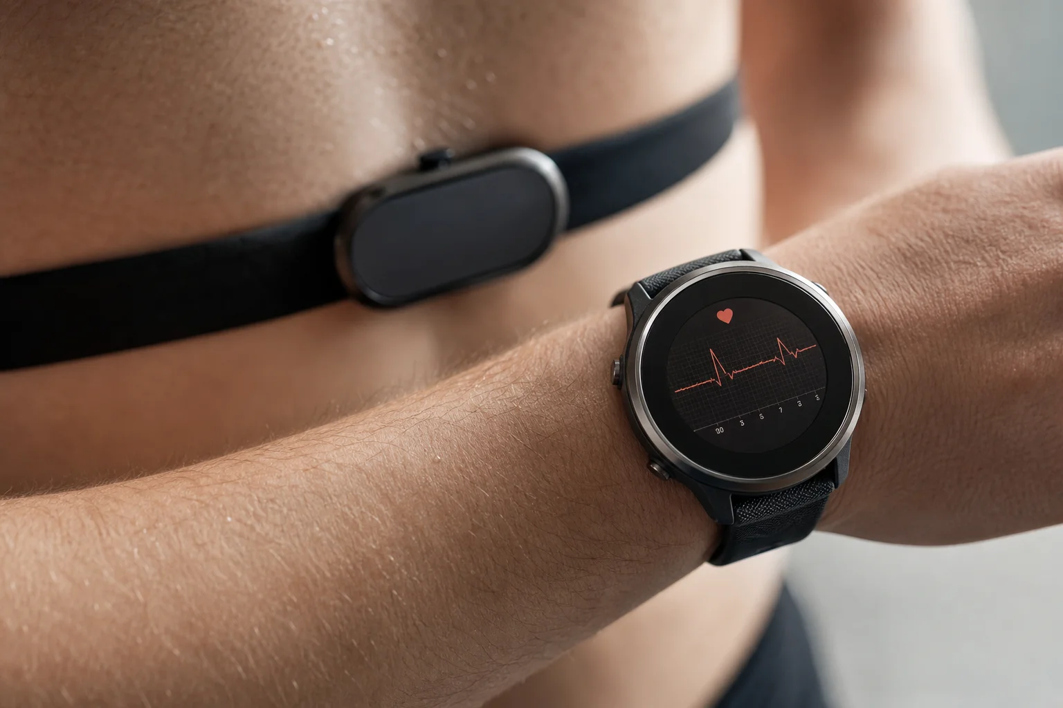 Close-up of a wrist wearing a smartwatch with heart rate monitor strap visible