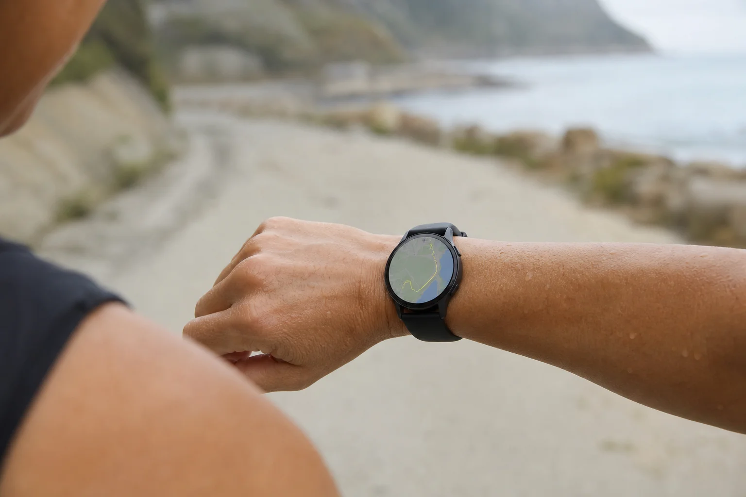 Runner finishing a workout, checking watch display with map visualization