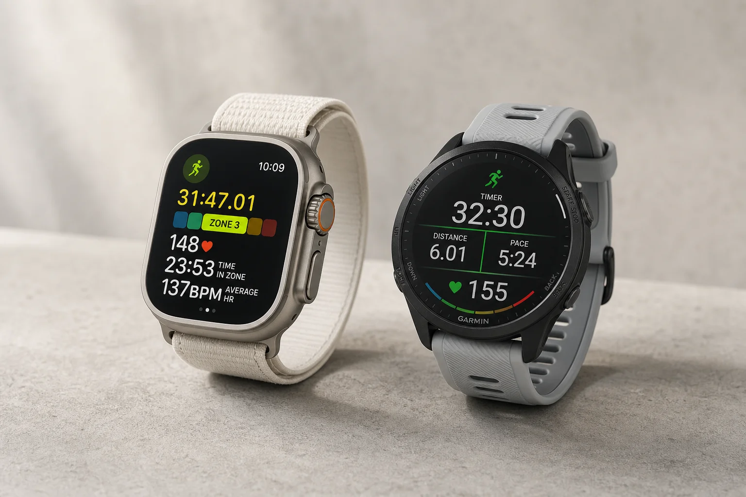 Apple Watch Ultra and Garmin Forerunner 965 side by side on concrete showing workout screens