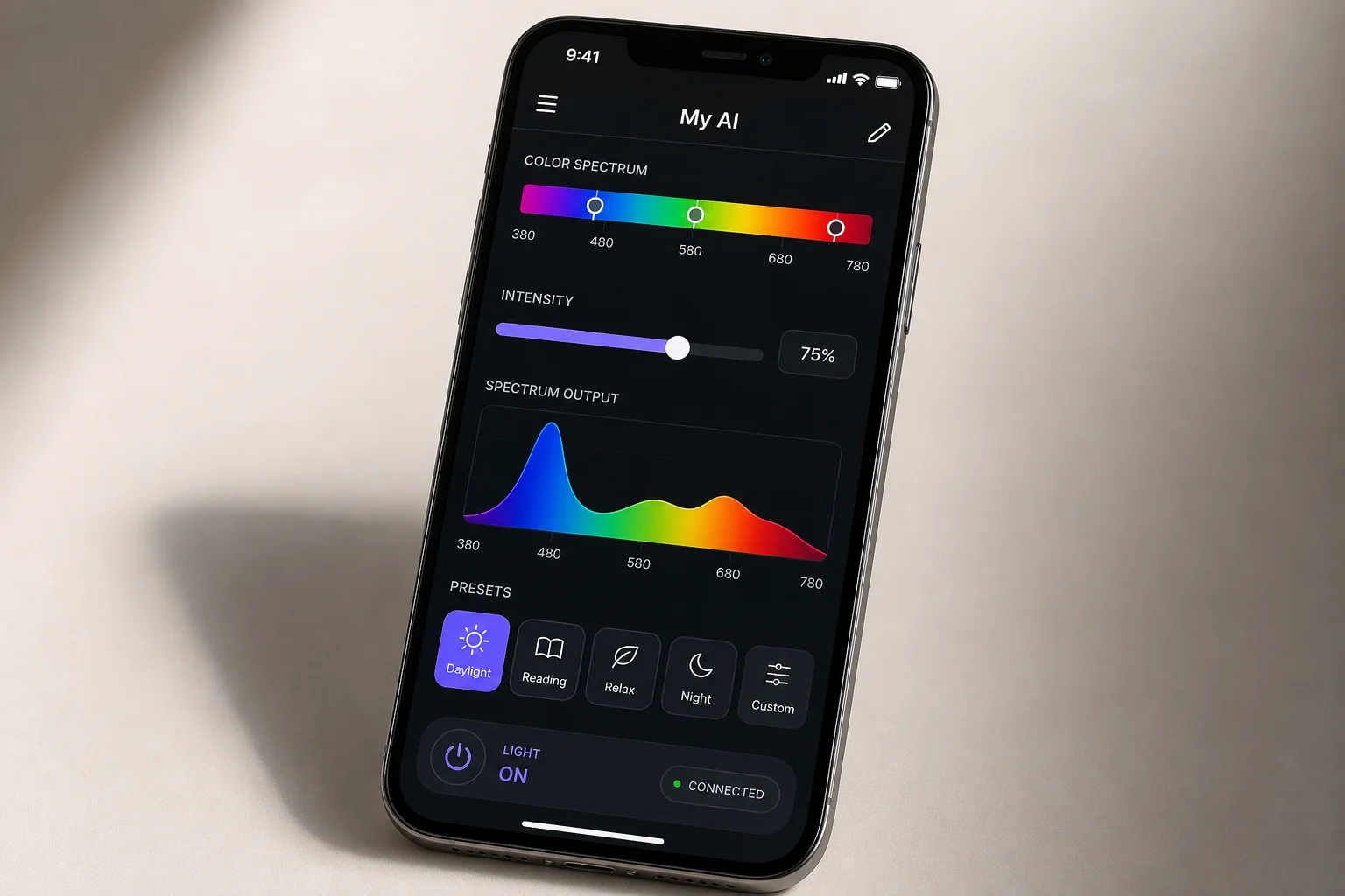 Smartphone displaying the My AI app interface with lighting control sliders and spectrum visualization