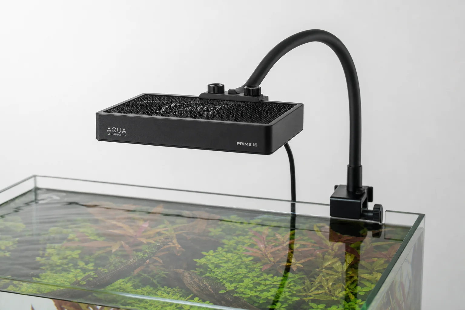 Aqua Illumination Prime 16 Freshwater light mounted on gooseneck bracket above aquarium tank
