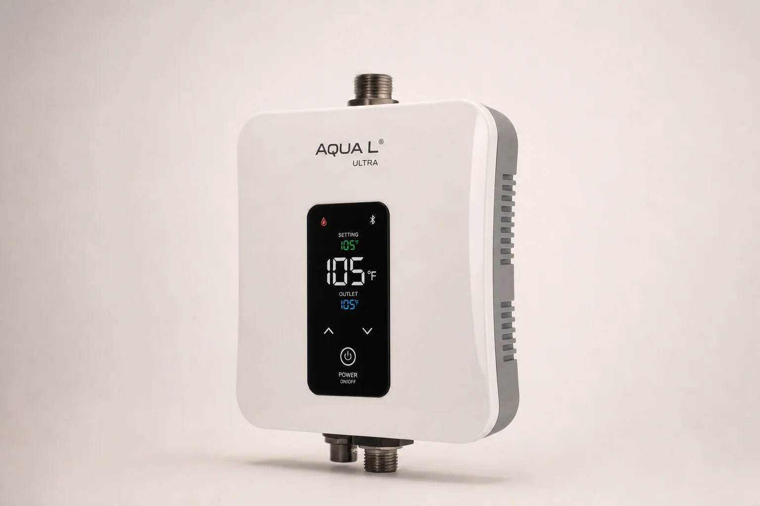 Three aquarium heaters: glass, titanium, and plastic-housed models on neutral backdrop