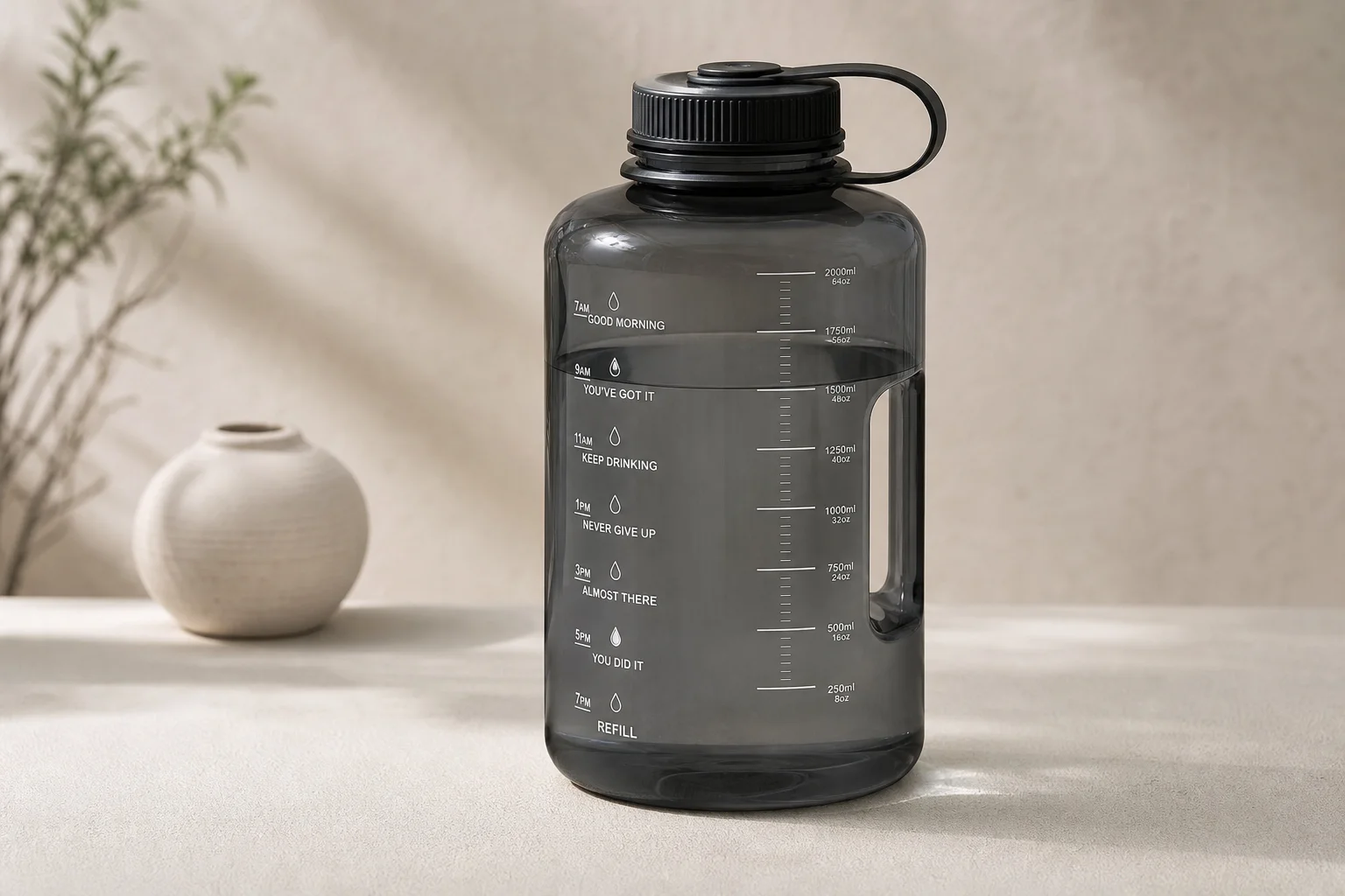 Five water bottles arranged on concrete surface from budget to premium options