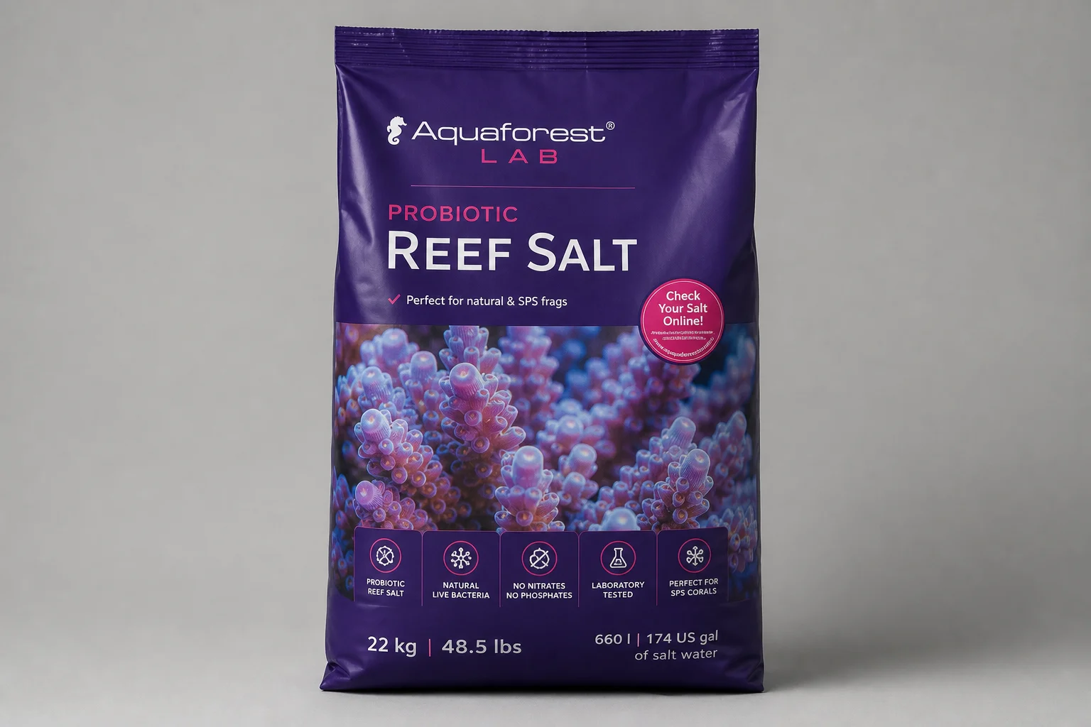 Three Aquaforest salt mix bags displayed on concrete surface