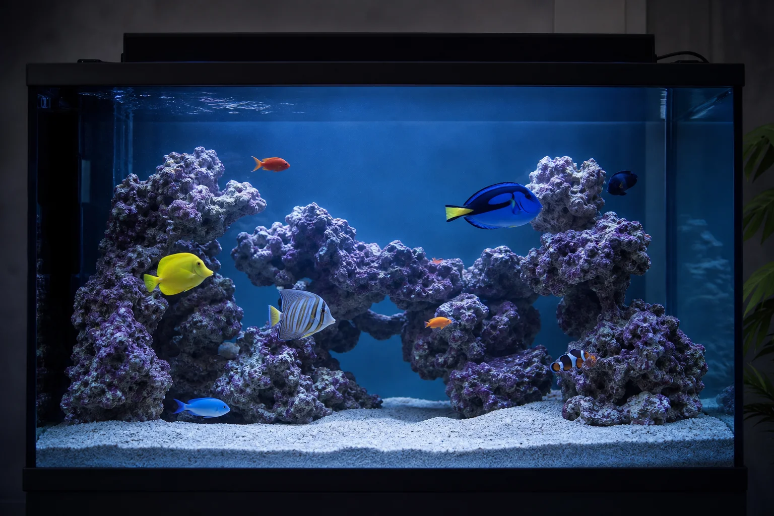 Fish-only saltwater aquarium with colorful fish and live rock