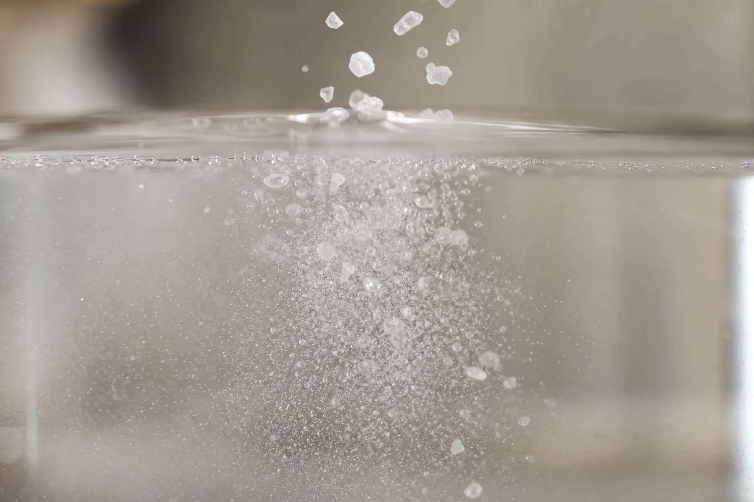 Salt crystals dissolving in clear water during mixing