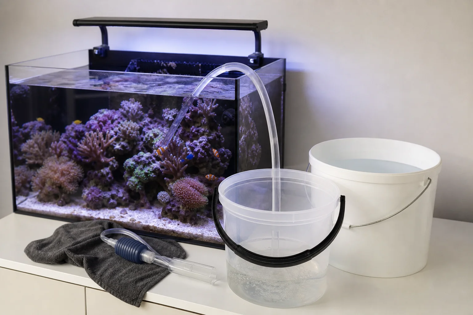 Reef aquarium water change with bucket and siphon hose