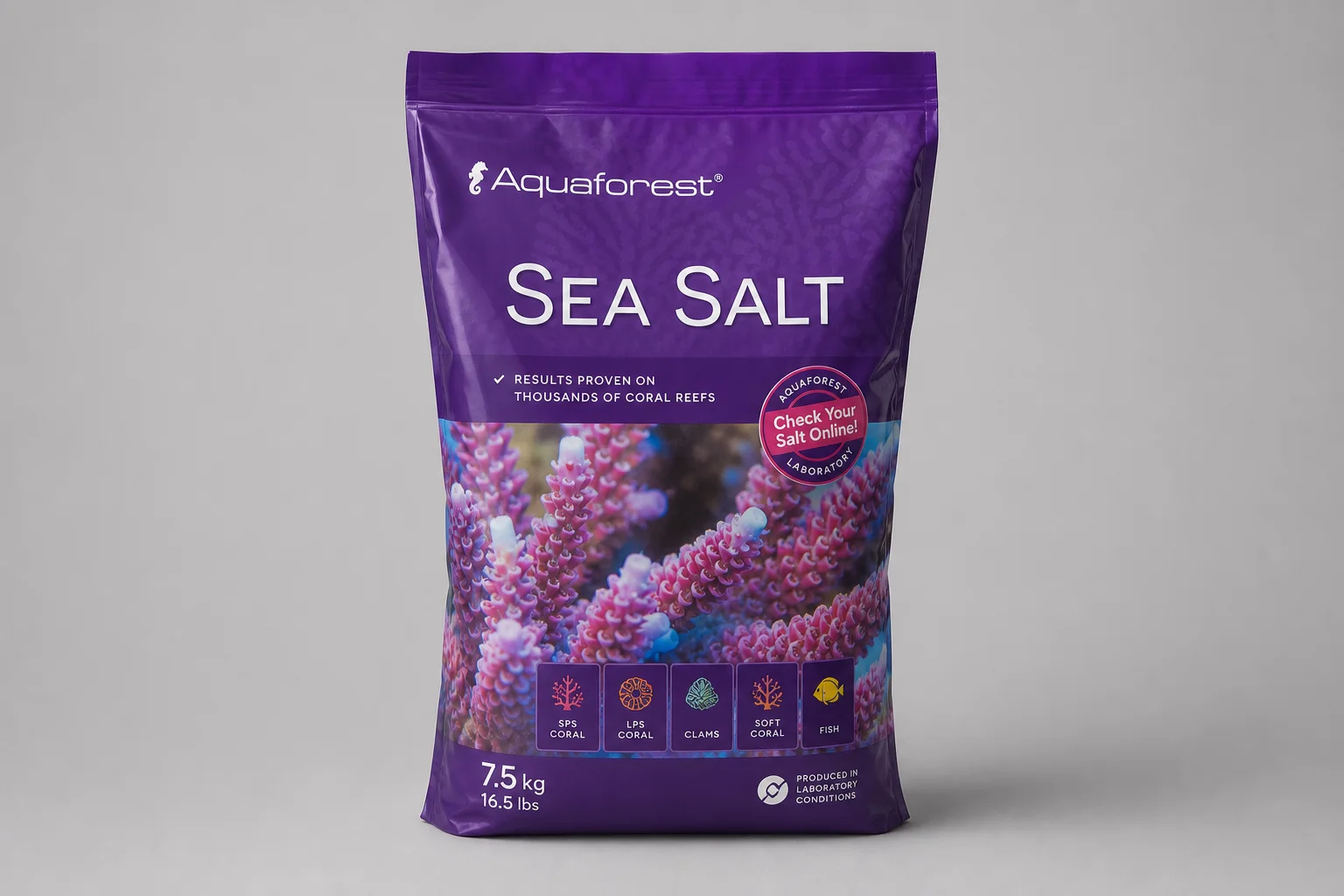 Three Aquaforest salt mix bags displayed on concrete surface