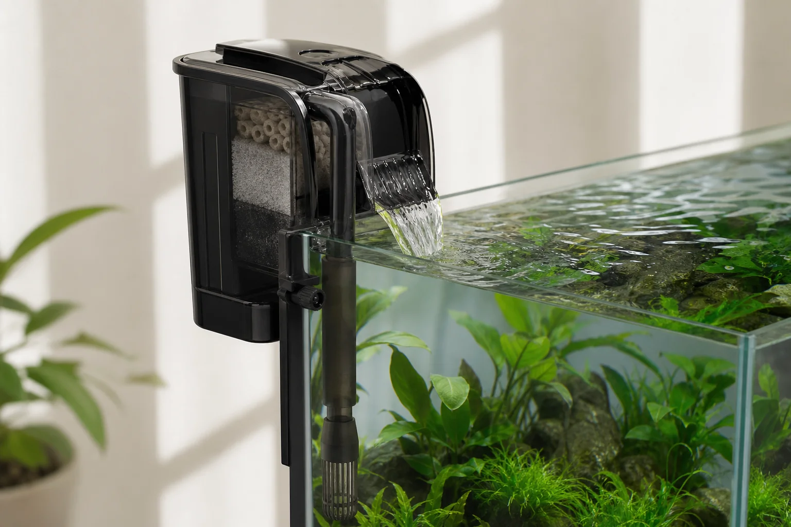 Hang-on-back filter mounted on aquarium rim with media visible