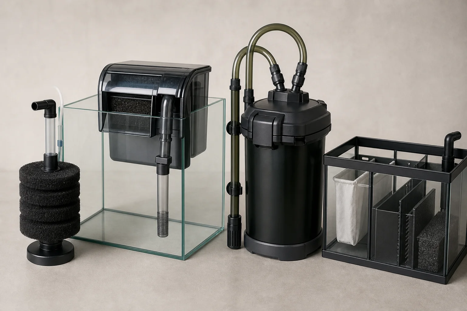 Four aquarium filter types displayed together on neutral surface