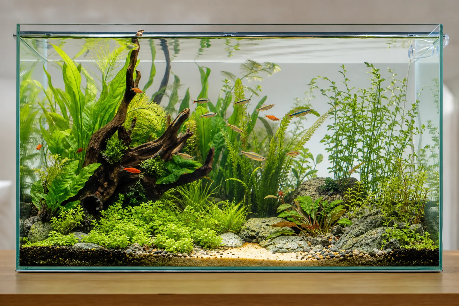 Healthy freshwater aquarium with clear water and thriving aquatic plants