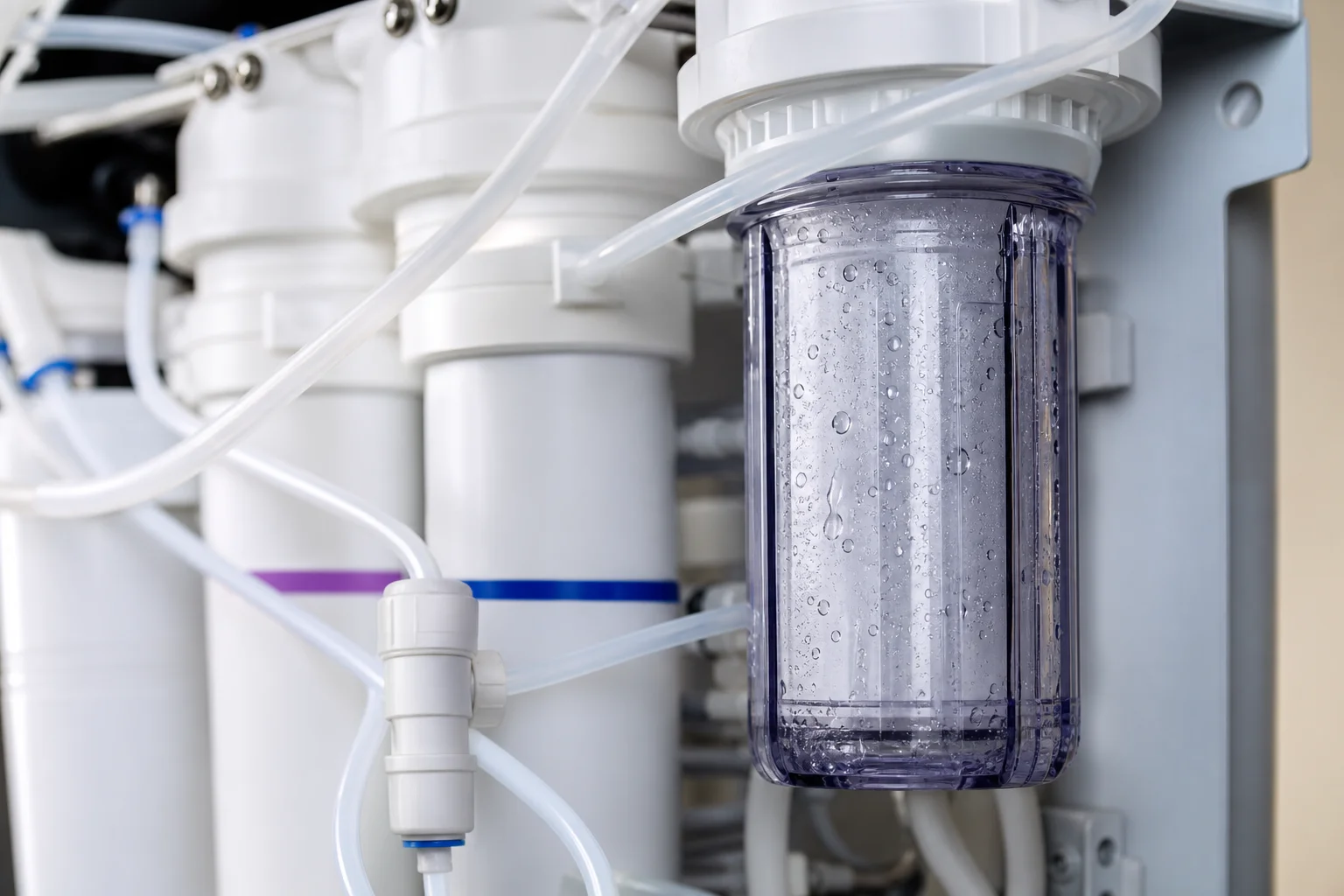 Close-up of RO/DI system tubing, collection chamber, and filter components