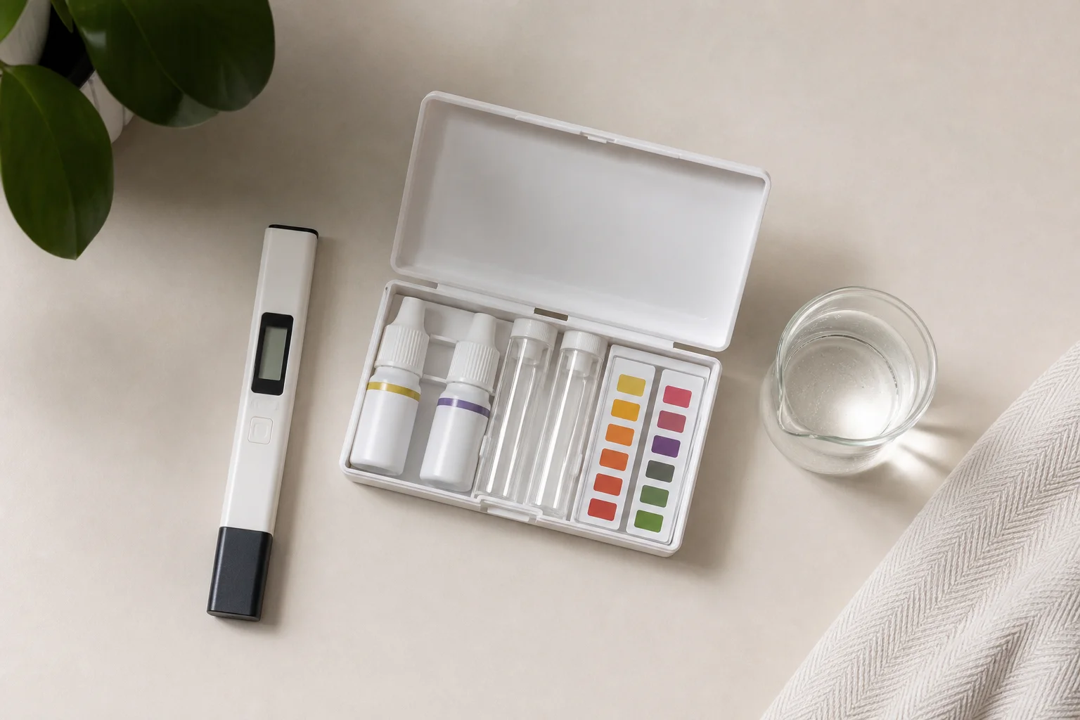 Aquarium water testing tools including TDS meter and test kit on neutral surface