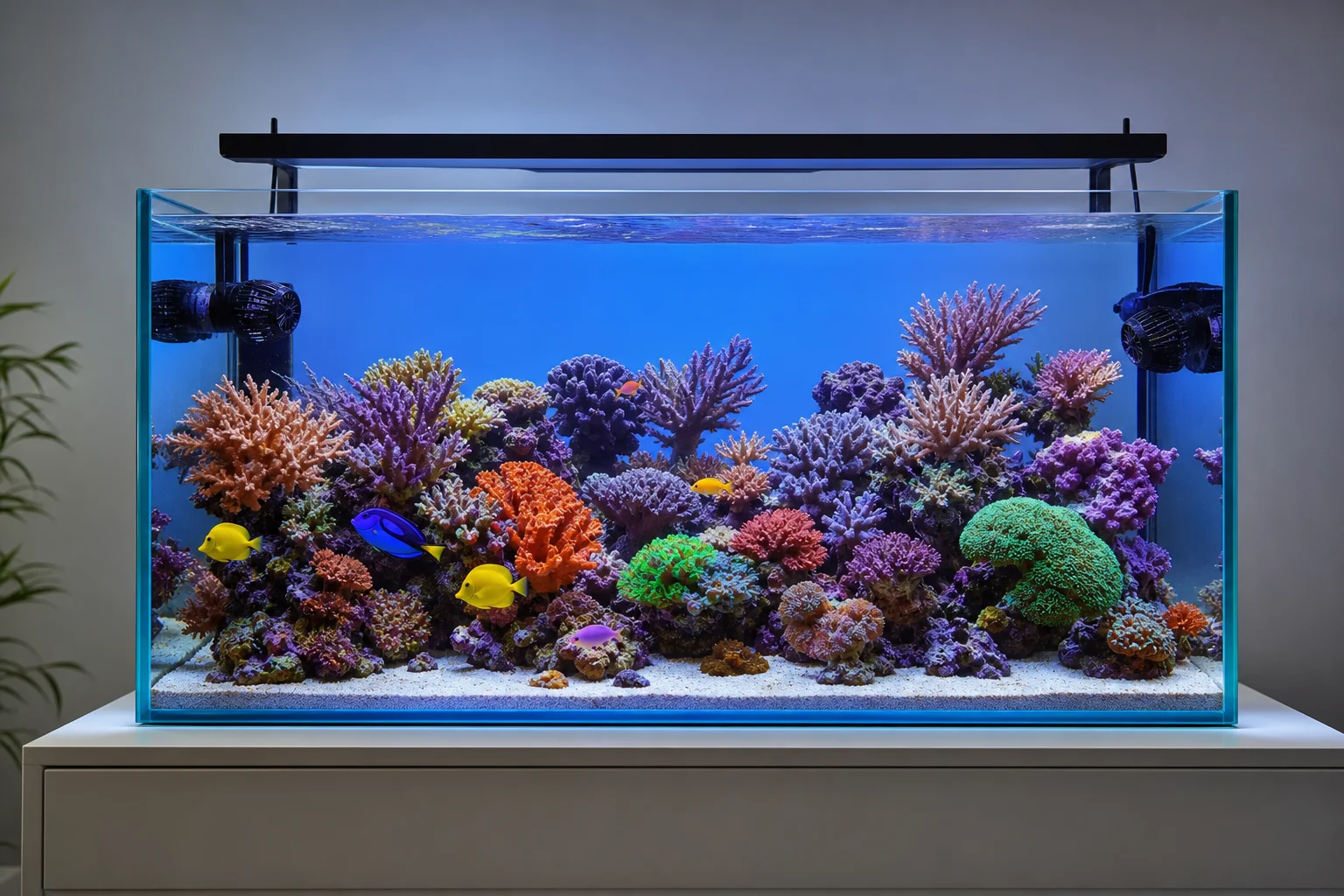 Thriving saltwater reef aquarium with vibrant corals and stable water conditions