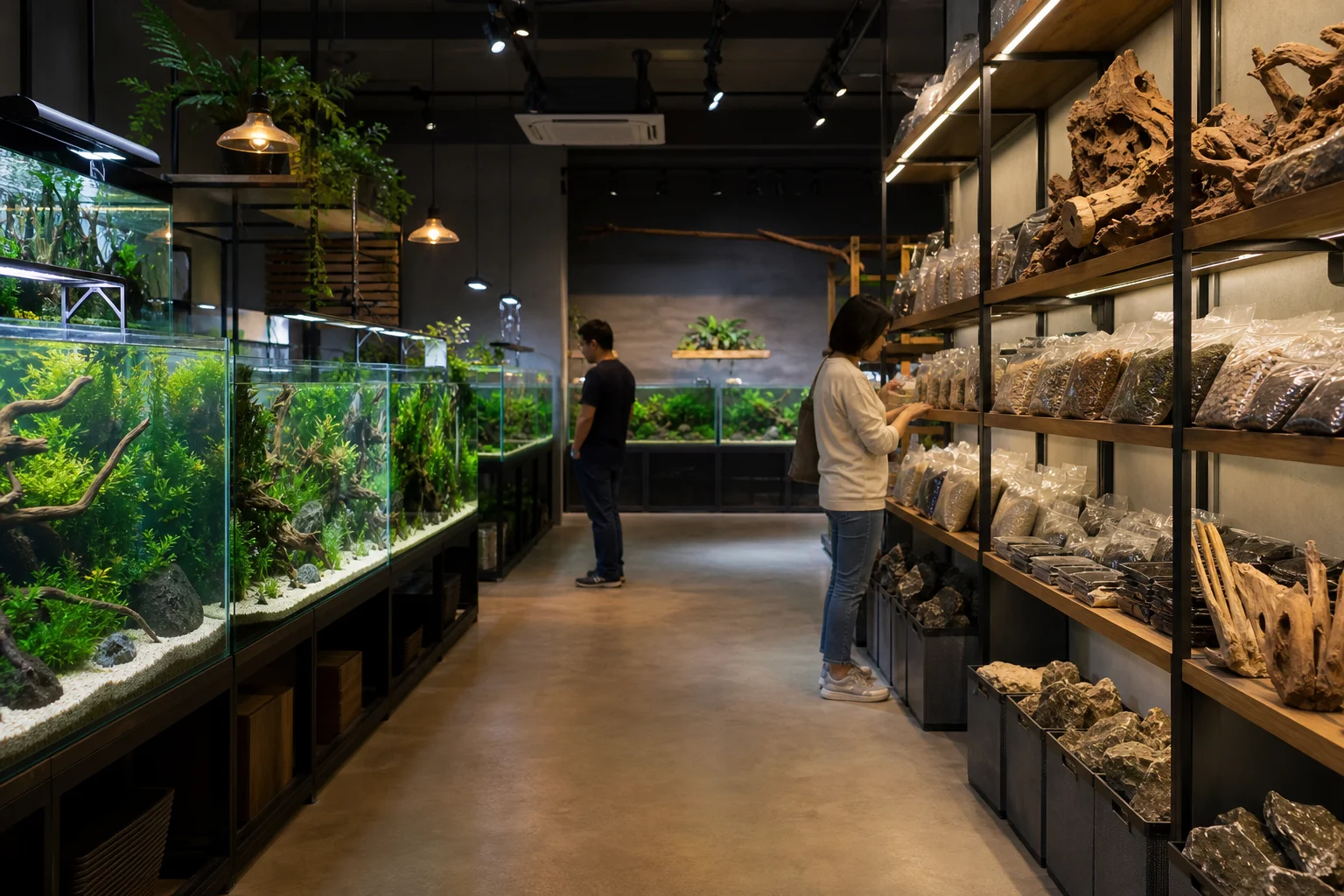 Fish shop interior with display tanks and aquascaping products