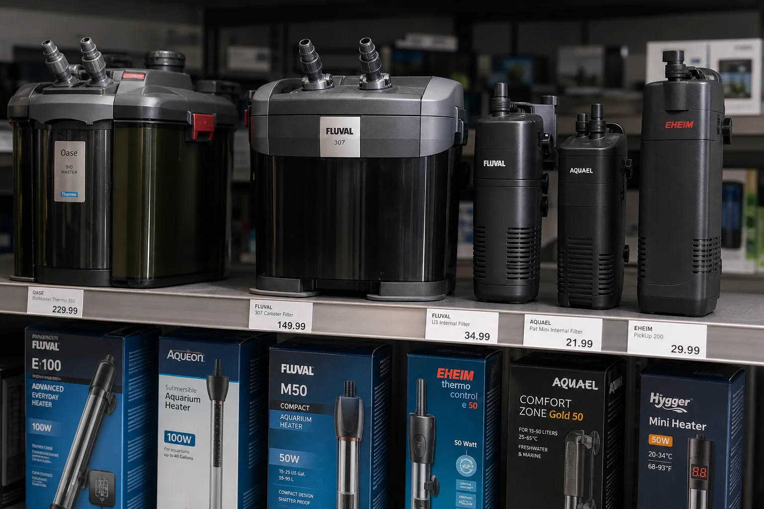 Close-up of aquarium filter equipment and heater units on shelf