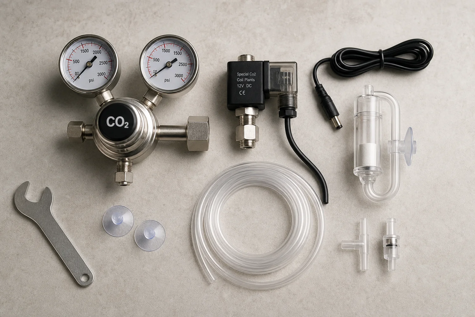 CO2 regulator and diffuser components laid out on work surface