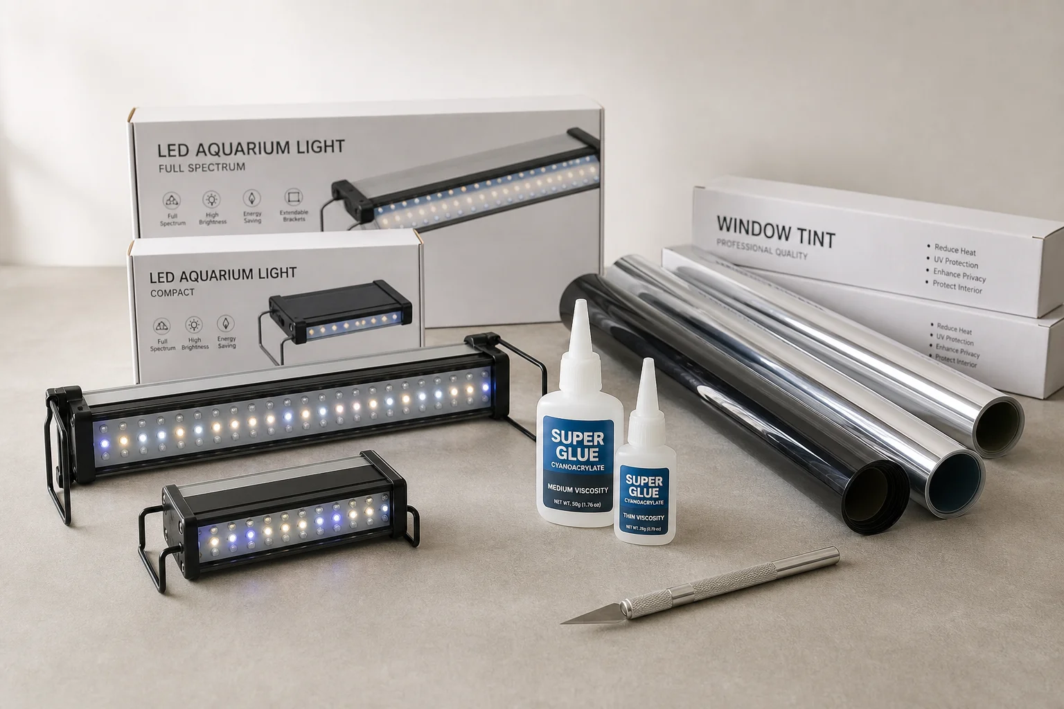 Aquarium lighting fixtures and hardware store supplies displayed together