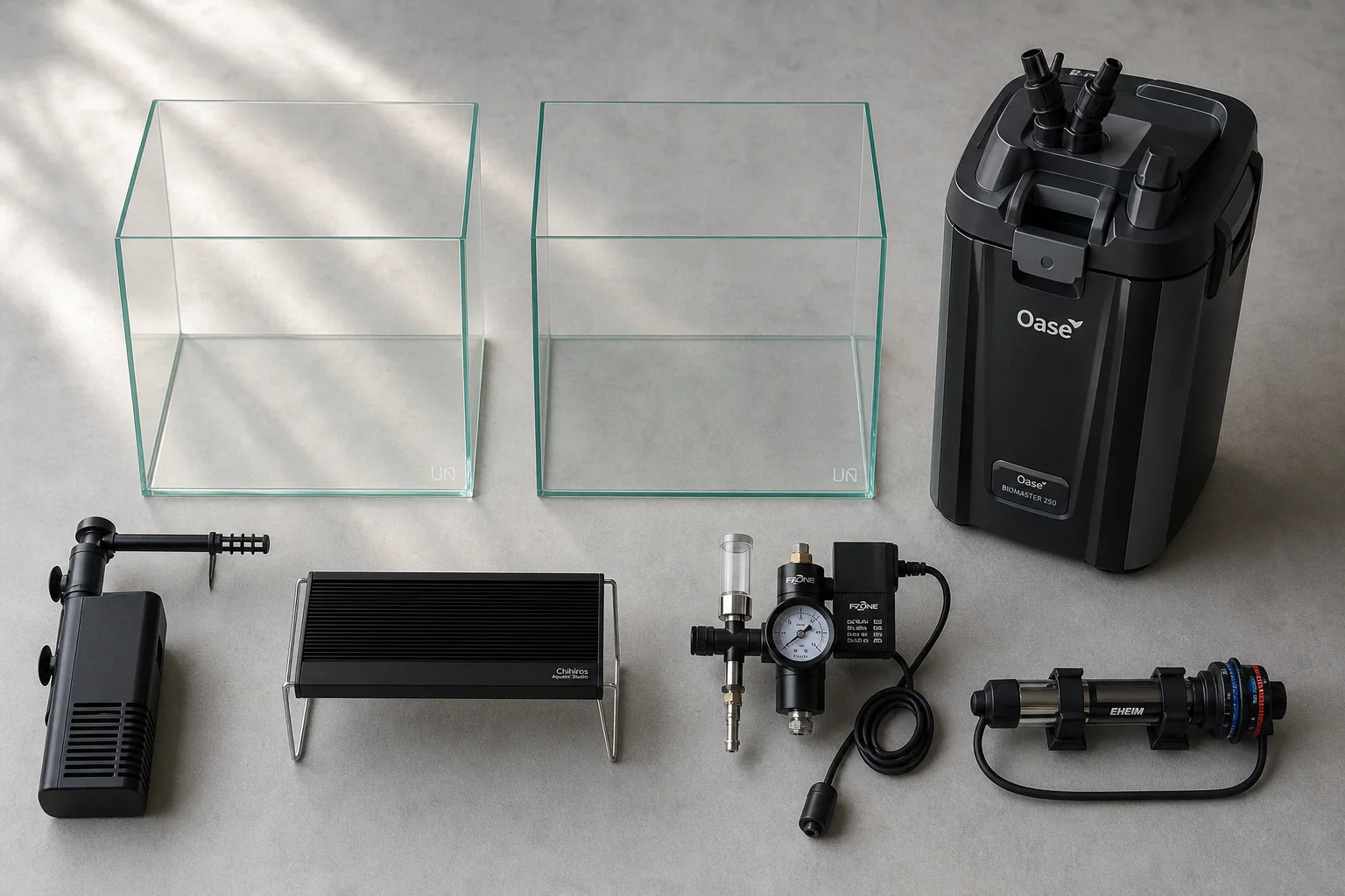 Aquascaping equipment including tanks, filters, lights, heater, and CO2 regulator on grey surface