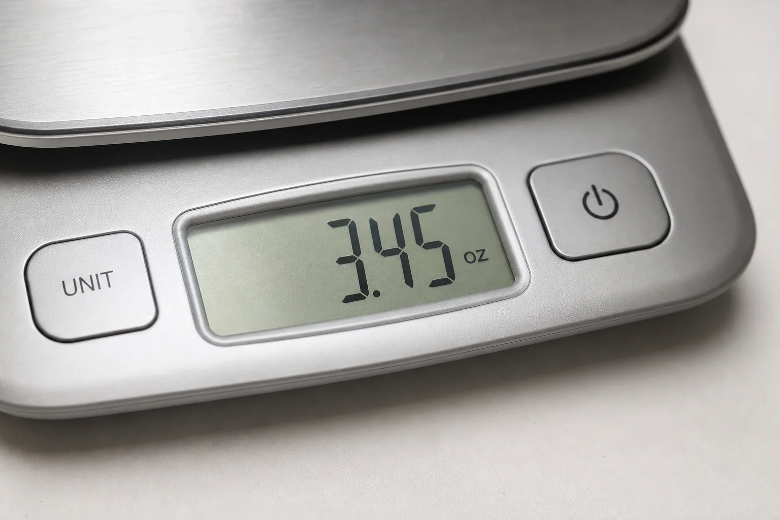 Close-up of digital kitchen scale display showing weight measurement in ounces