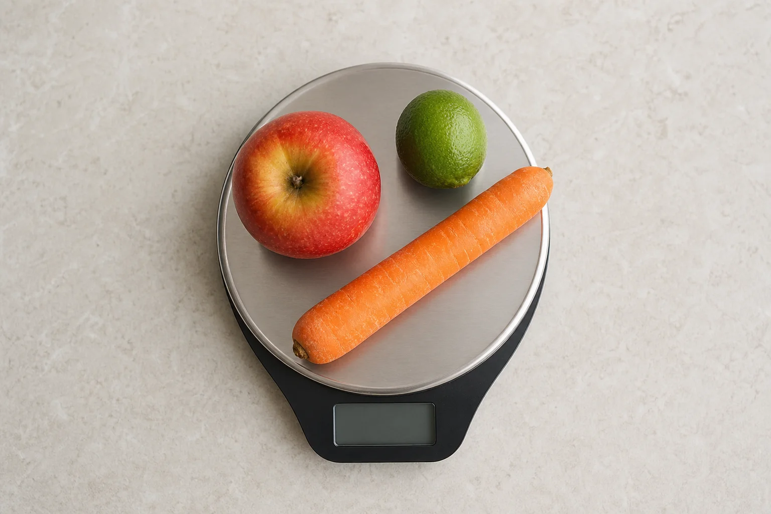 Fresh produce including apple, lime, and carrot on a kitchen scale platform