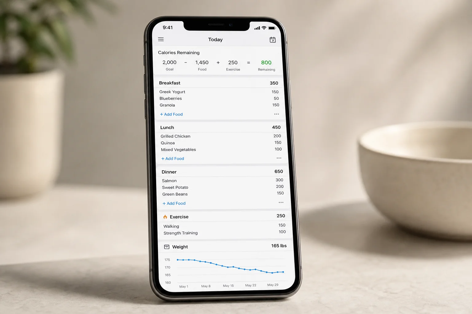 Smartphone displaying nutrition tracking app with meal categories and calorie data