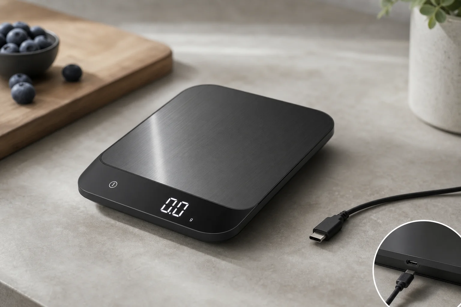 Kitchen scale with USB charging cable showing wireless capability and charging port