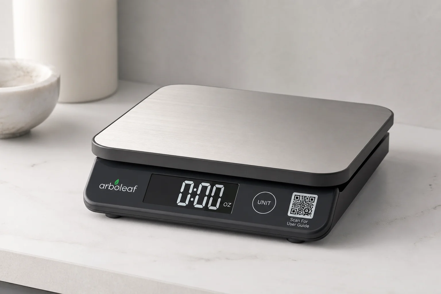 Arboleaf smart kitchen scale on neutral countertop with digital display visible