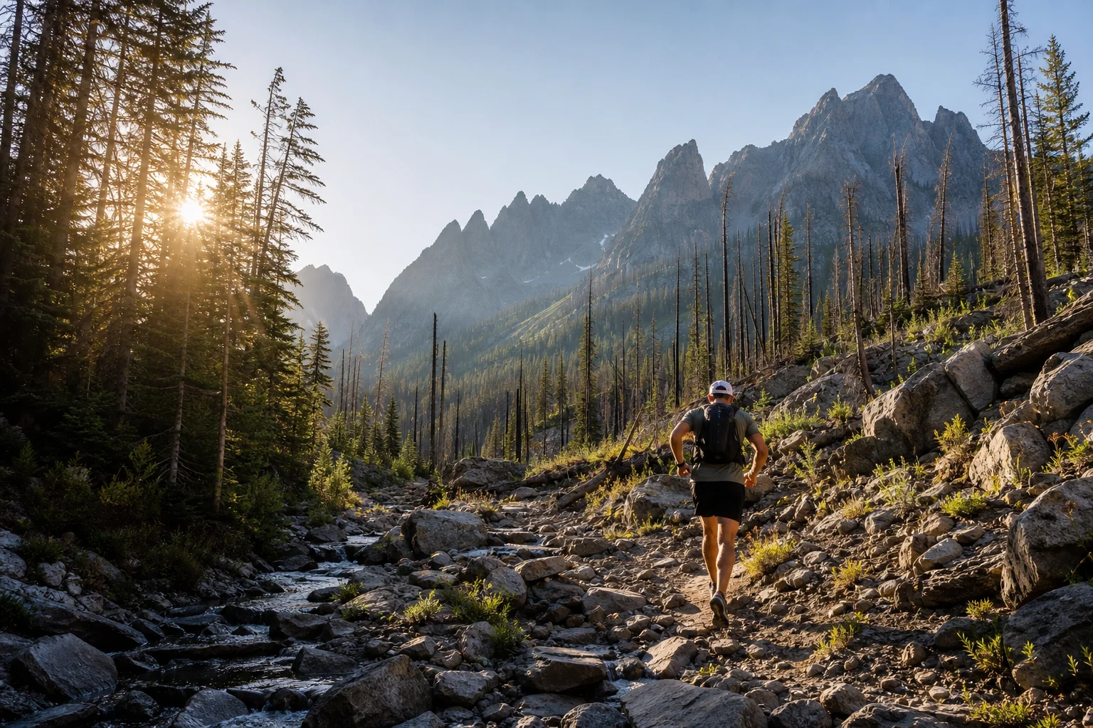 Trail runner ascending a rocky creek bed with jagged mountain peaks in background