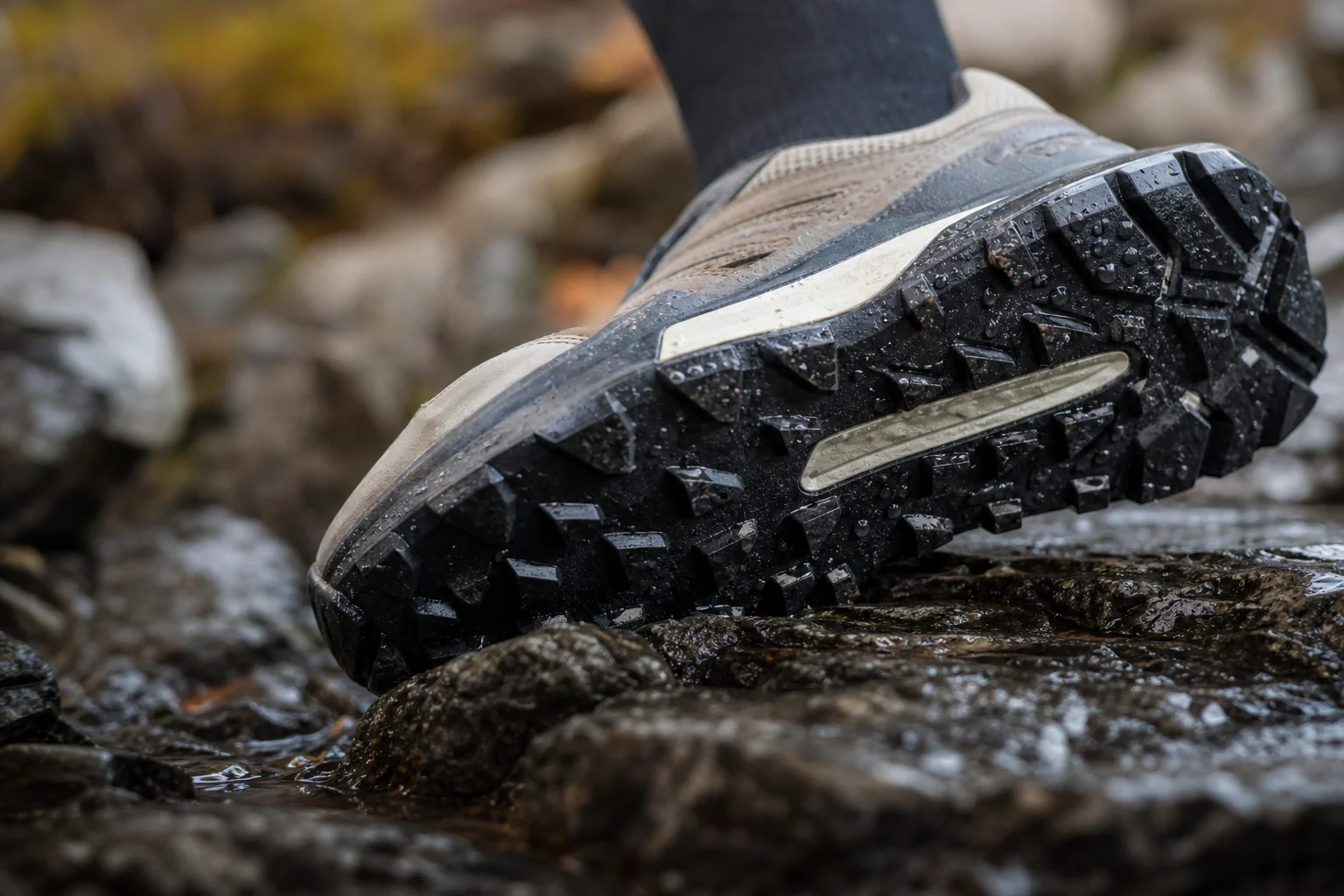 Close-up of trail shoe sole with 6mm lugs on wet rocky terrain with water droplets