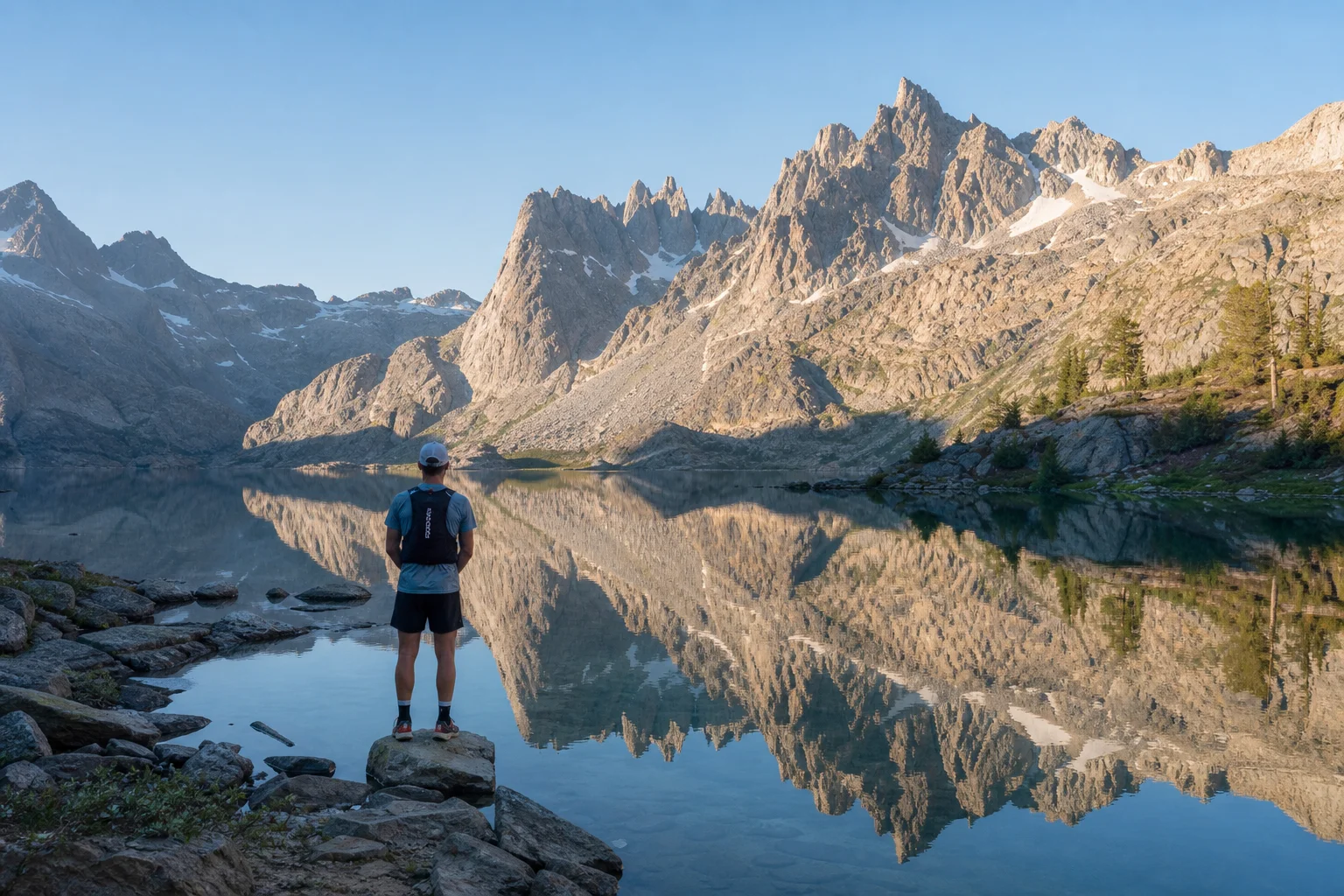 Trail runner at alpine lake shore with jagged mountain peaks and clear reflection