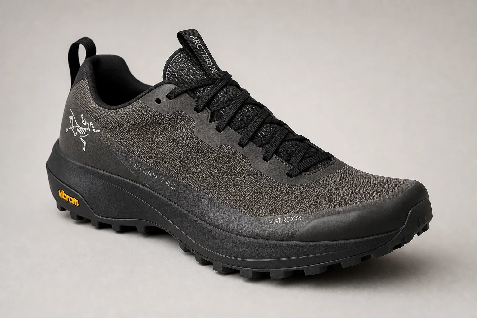 Arc'teryx Sylan Pro trail running shoe on neutral backdrop showing Matryx upper and Vibram outsole