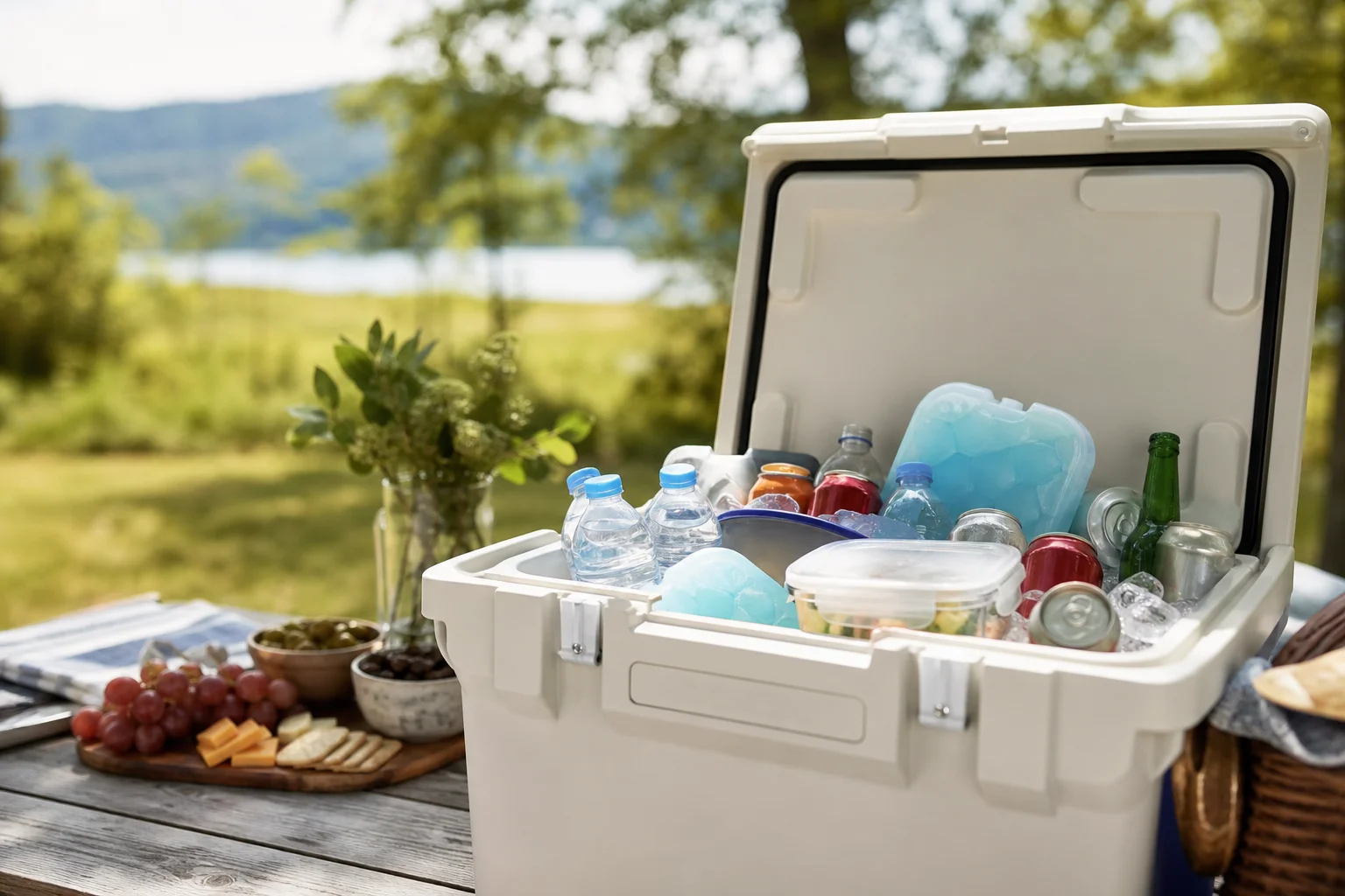 Cooler packed with ice packs, beverages, and food items on outdoor picnic table