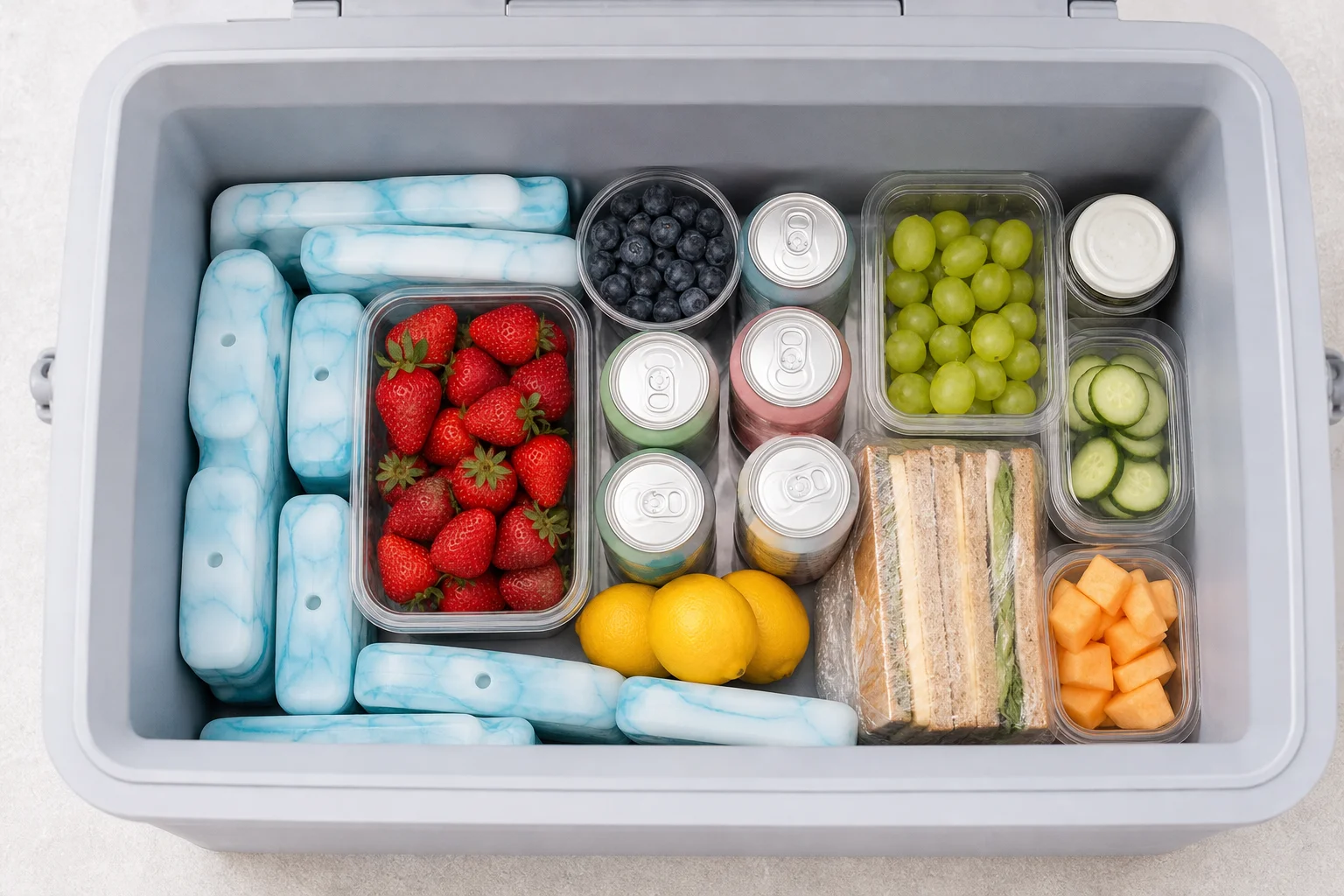 Cooler setup comparison showing space efficiency with ice packs versus traditional ice