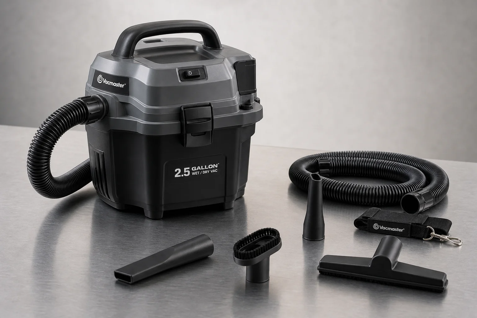 Eight wet/dry vacuums of varying sizes arranged on concrete surface