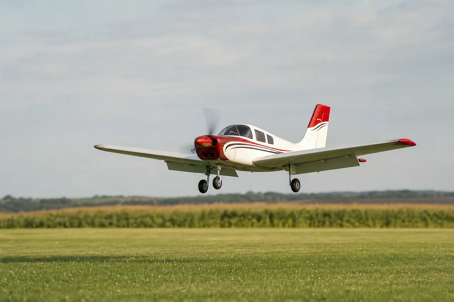 RC aircraft on final approach to landing on a grass field