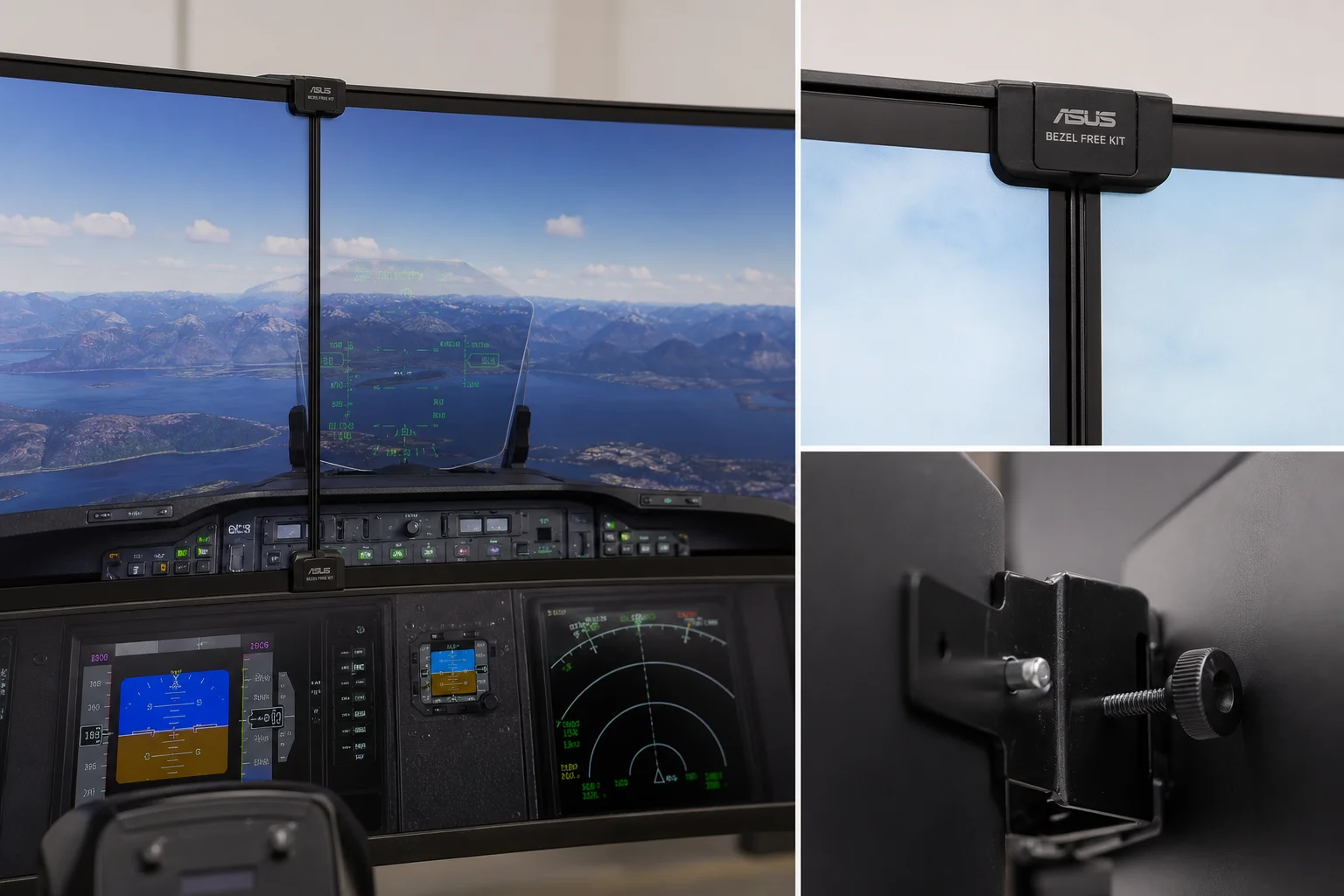 Professional home flight simulator cockpit with yoke, avionics, throttle controls, and triple monitors