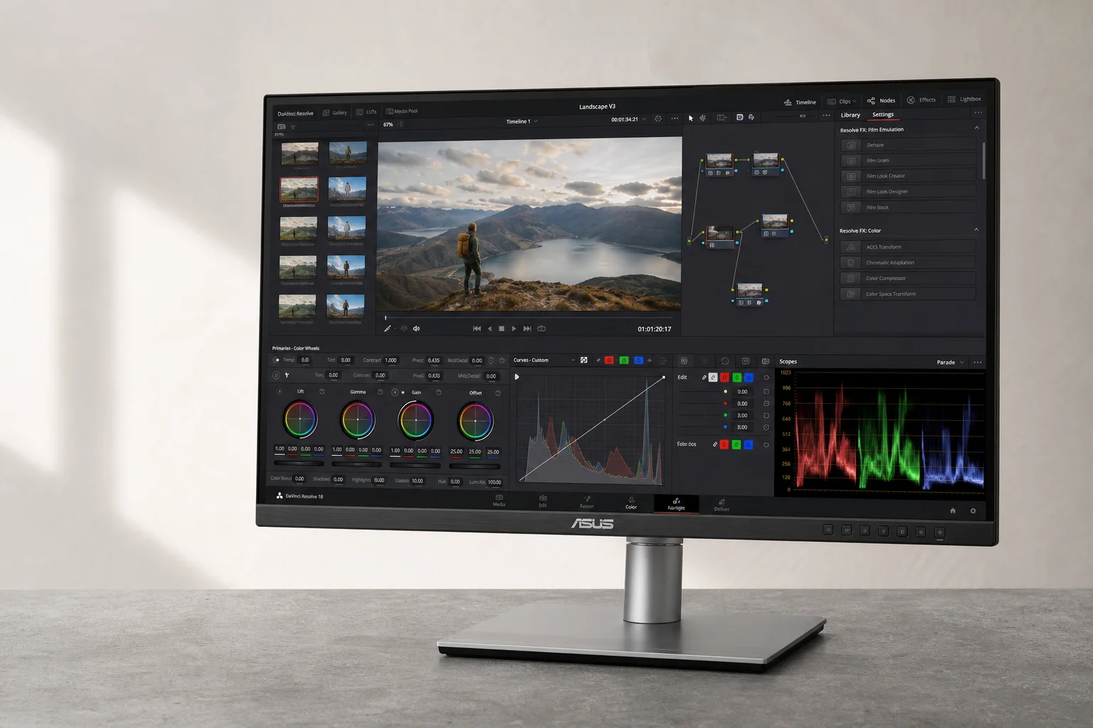 Eight computer monitors of varying sizes displayed on a concrete surface showing different content