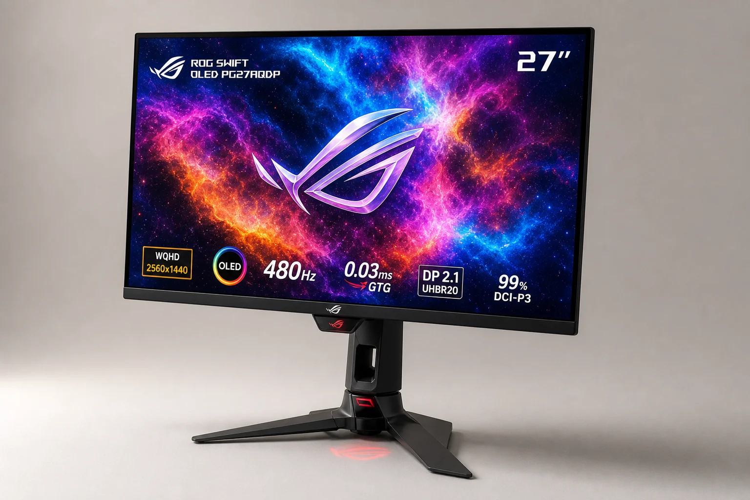 AOC Q27G41ZDF 與 Asus ROG Swift OLED 電競螢幕並排擺放在水泥面上