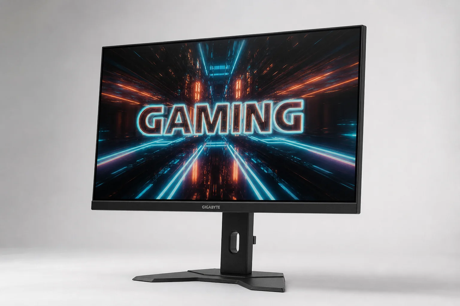 Five gaming monitors arranged on concrete showing 1440p IPS and OLED displays