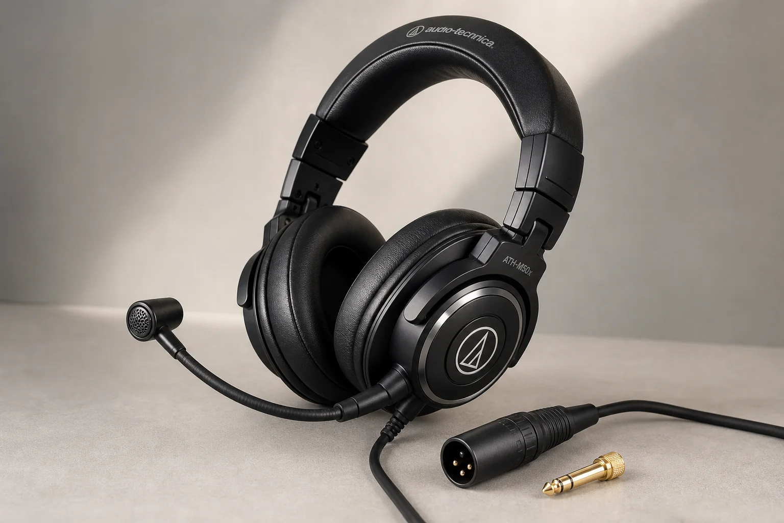 Audio Technica ATH-M50x STS gaming headset with integrated microphone on neutral backdrop