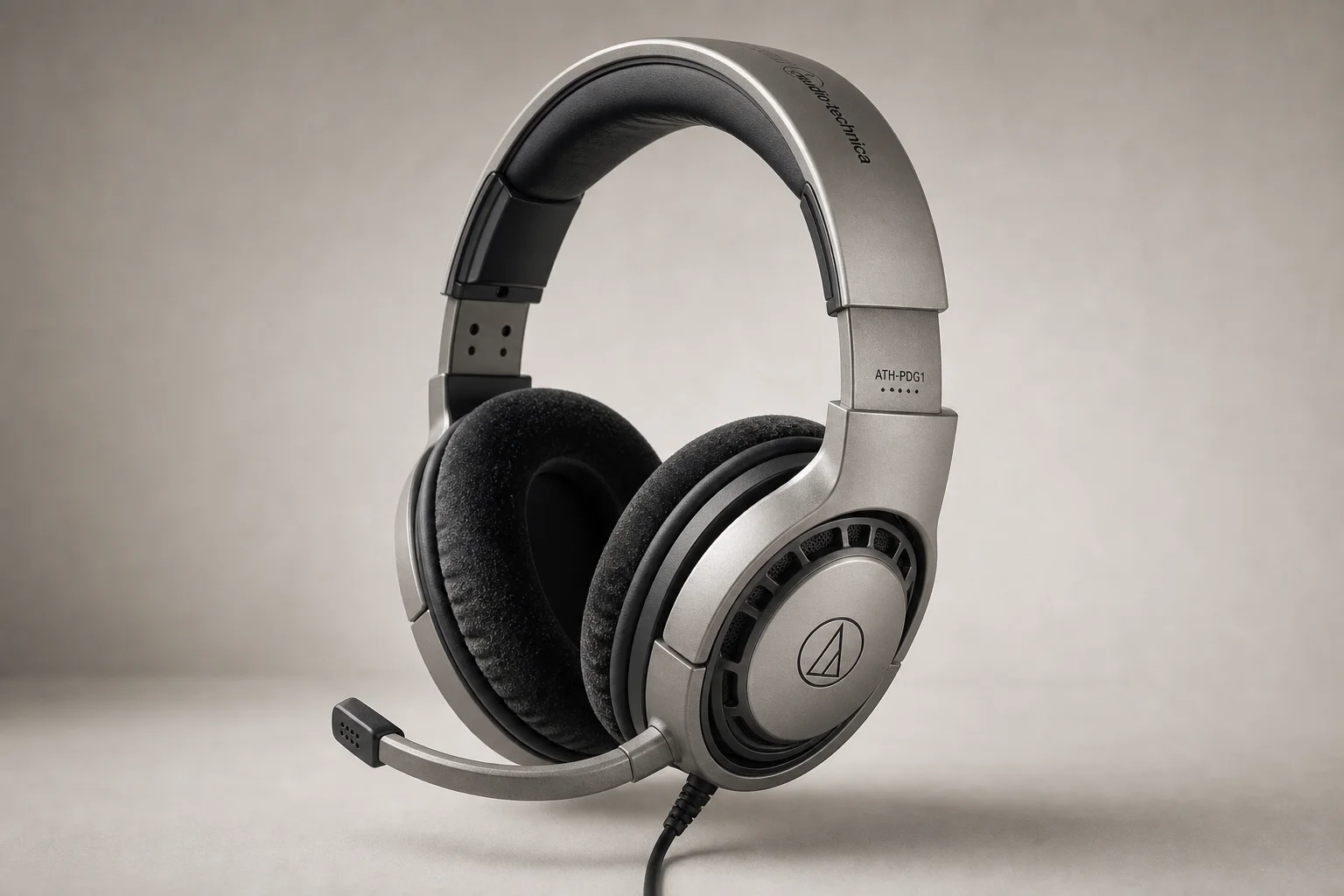 Four gaming headsets displayed in a row on concrete surface