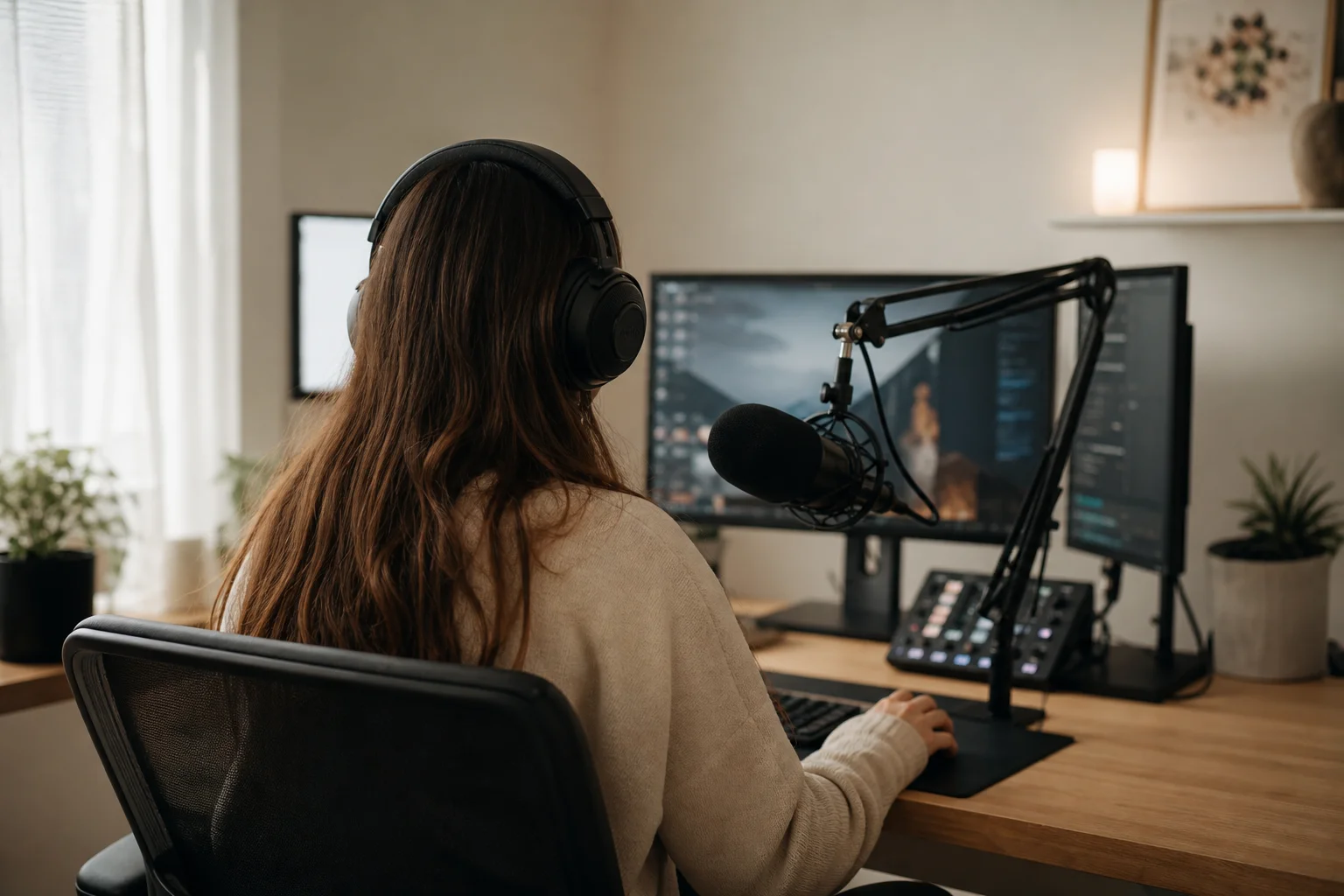 Streamer at desk wearing gaming headset during live broadcast setup