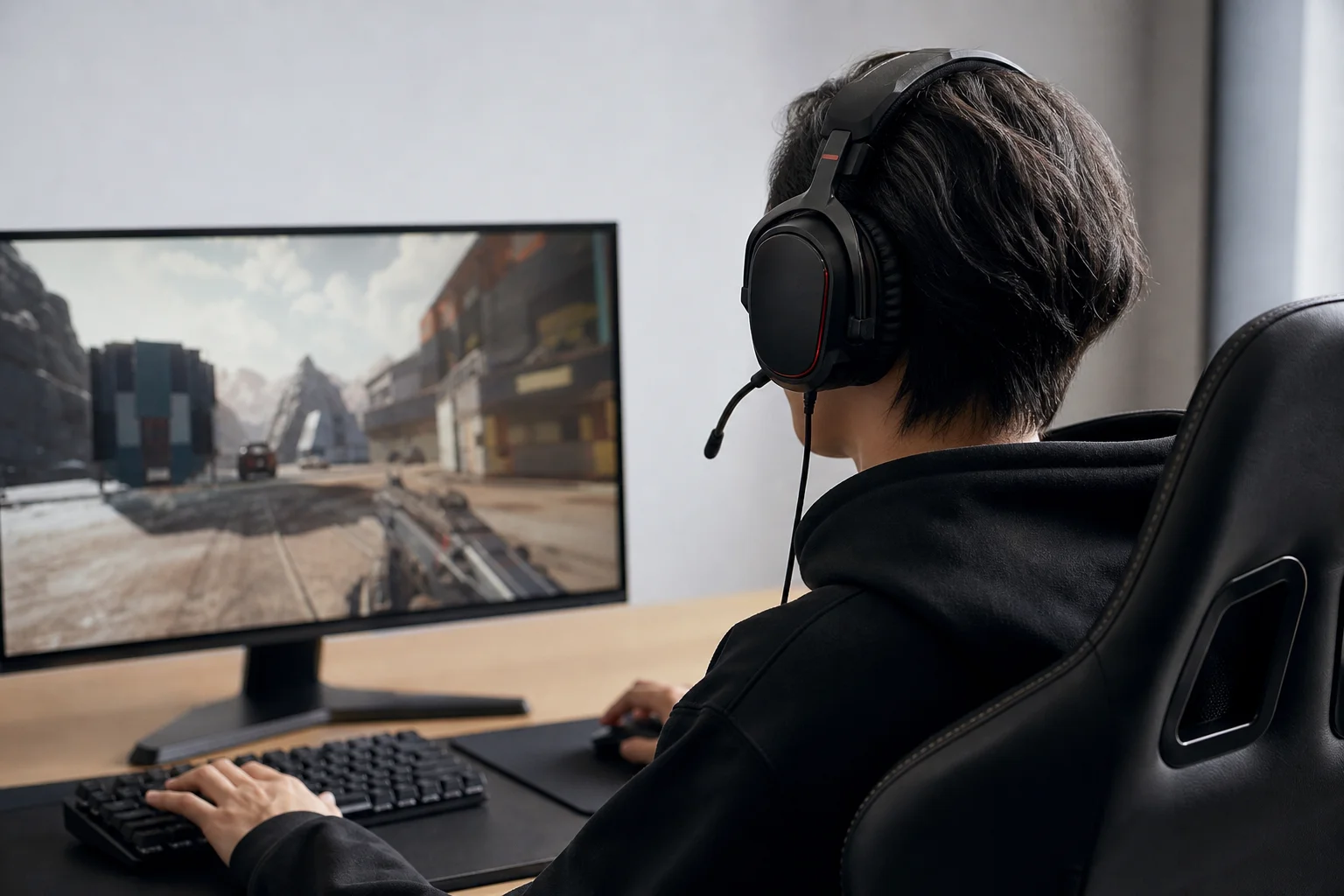 Gamer wearing headset while playing competitive video game on monitor