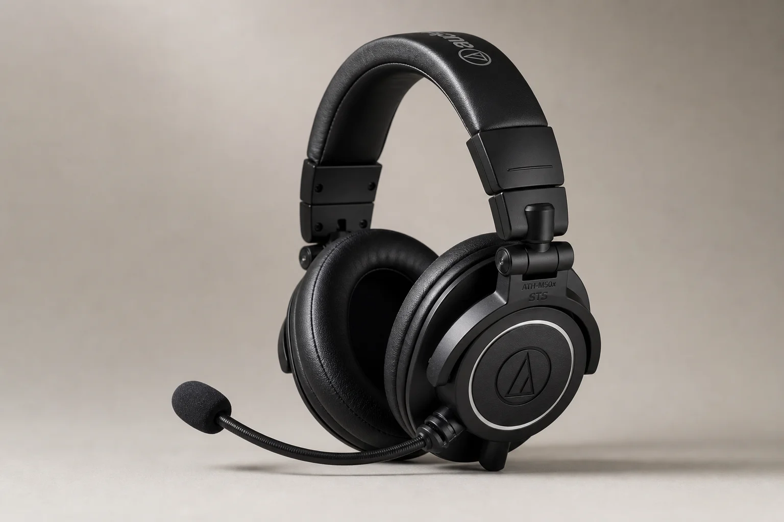 Audio Technica ATH-M50x STS gaming headset with integrated microphone on neutral backdrop