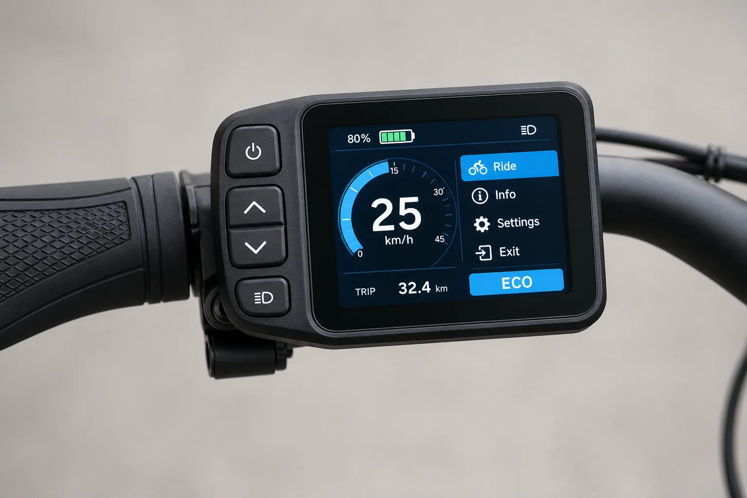 Close-up of e-bike display panel and handlebar controls with clear icons