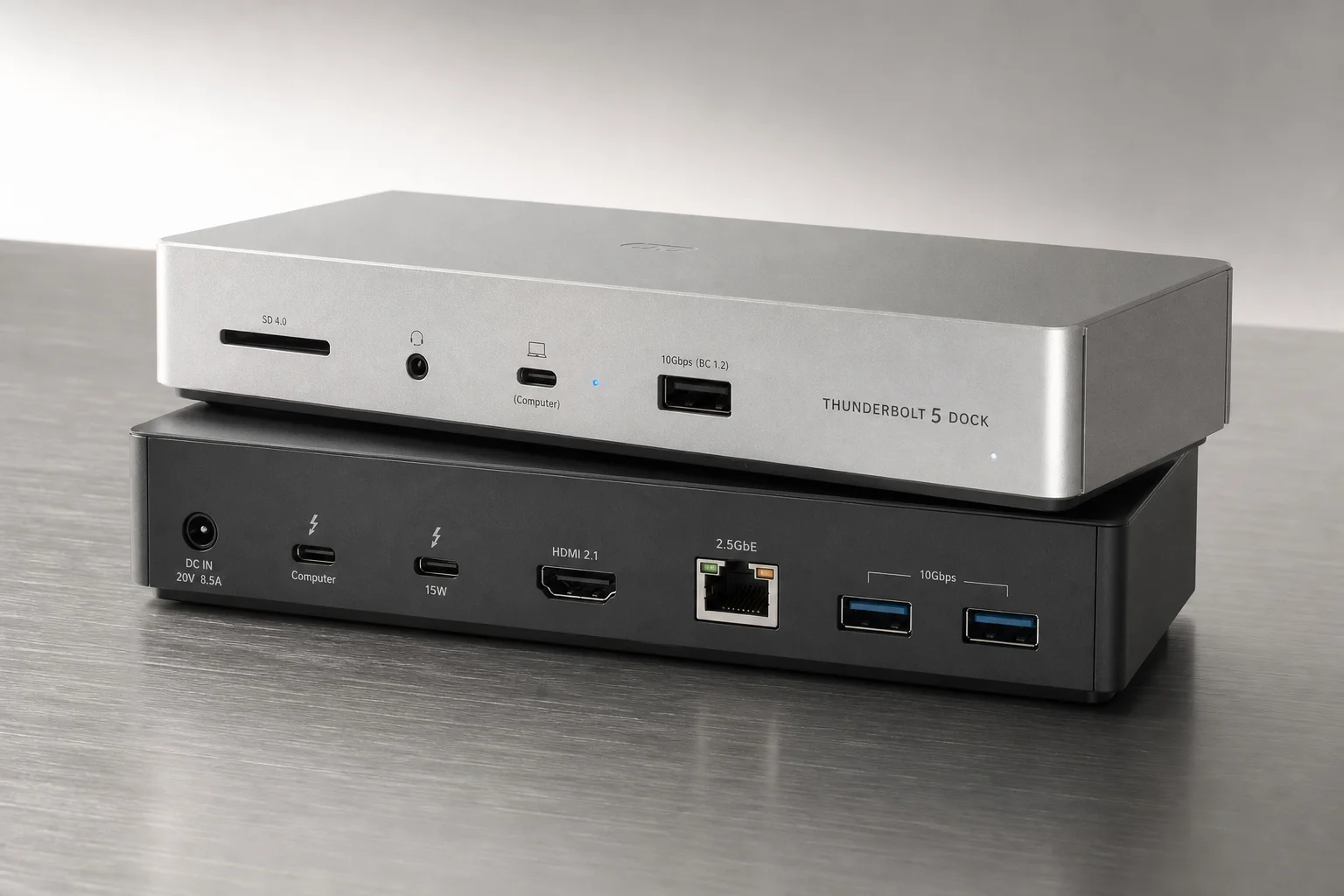 Six Thunderbolt 5 docking stations displayed on concrete surface