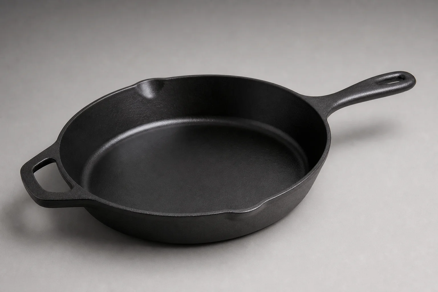 Five cast iron skillets arranged on a wooden surface showing different styles and finishes