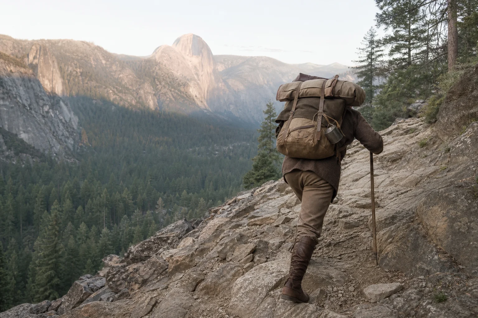 Hiker in 1925 wool clothing trudging uphill on mountain trail