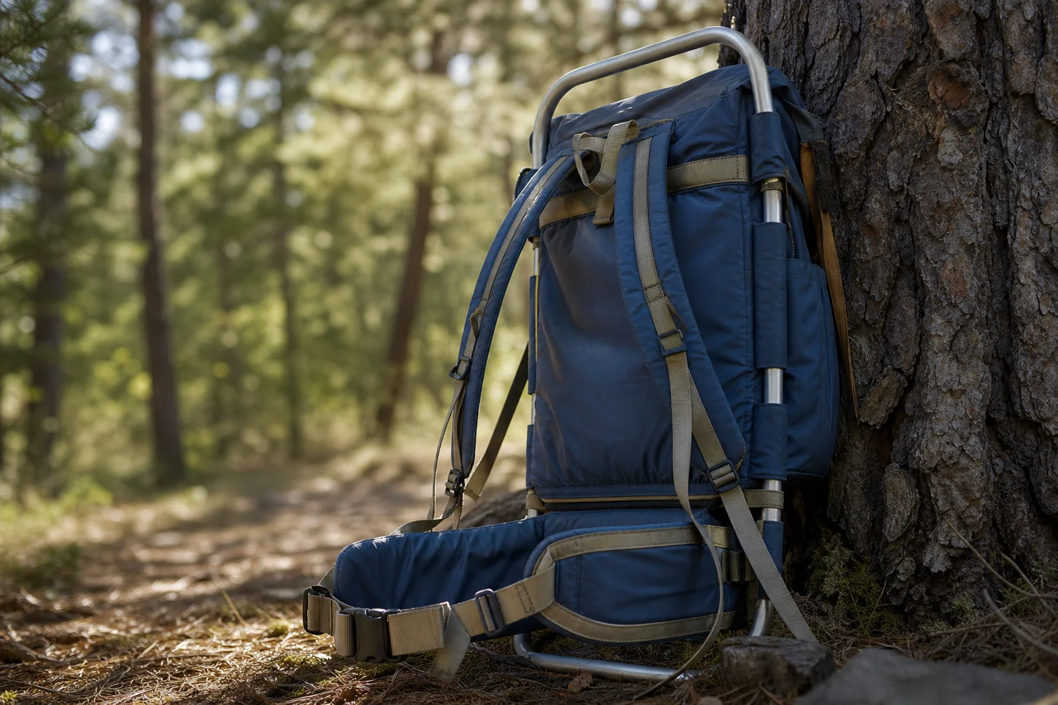 Aluminum-frame backpack with hip belt resting against tree trunk